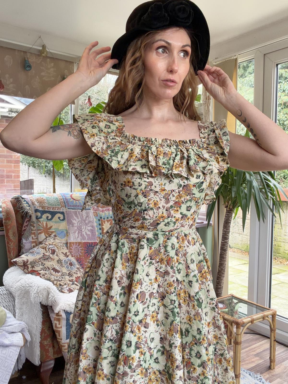 Vintage Floral Summer Dress Bardot Off Shoulder Ruffle Bustier Floaty Midi 6