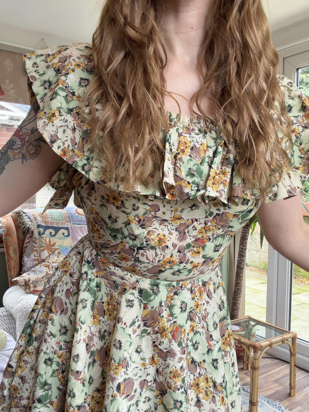 Vintage Floral Summer Dress Bardot Off Shoulder Ruffle Bustier Floaty Midi 6