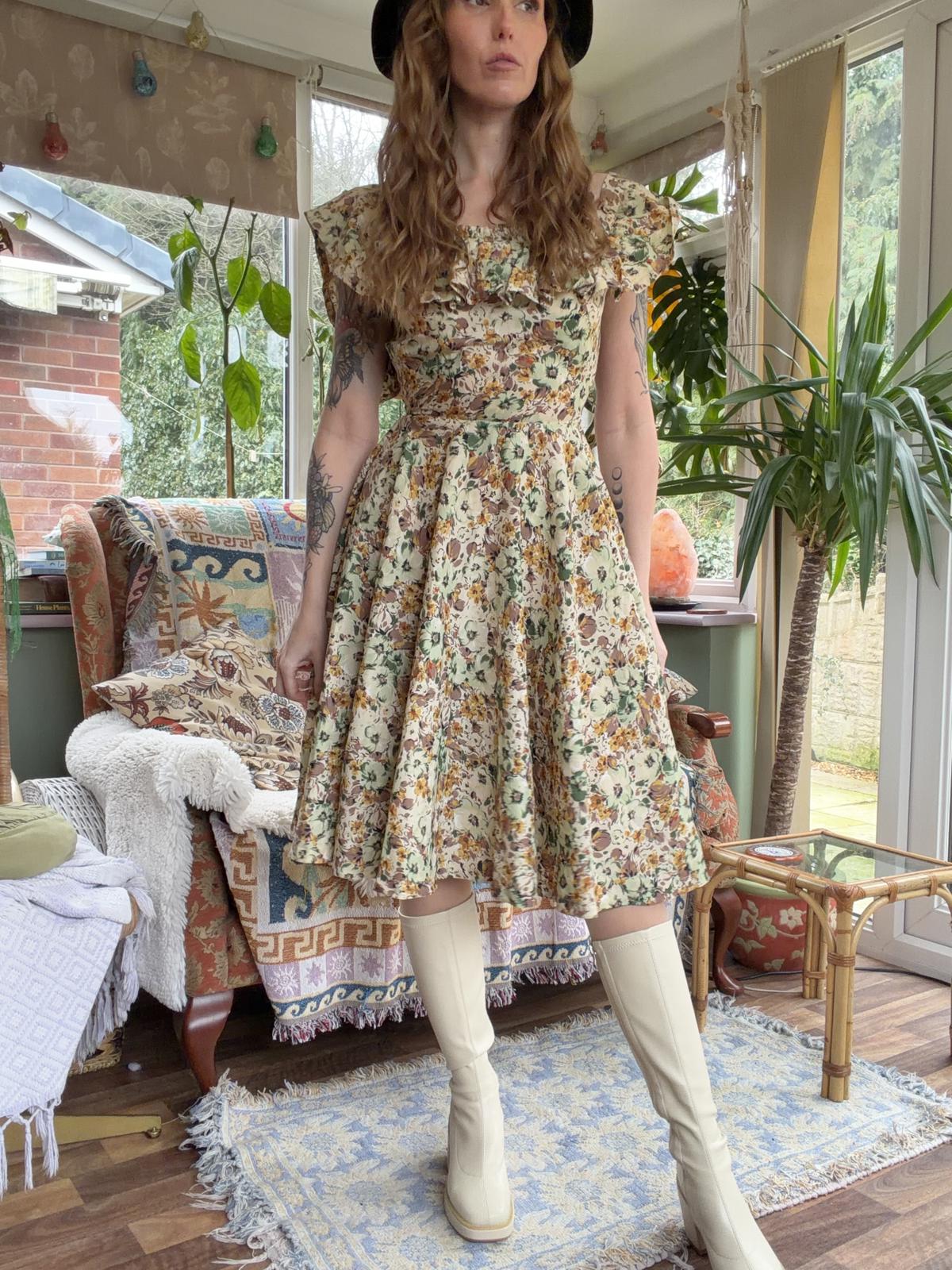 Vintage Floral Summer Dress Bardot Off Shoulder Ruffle Bustier Floaty Midi 6