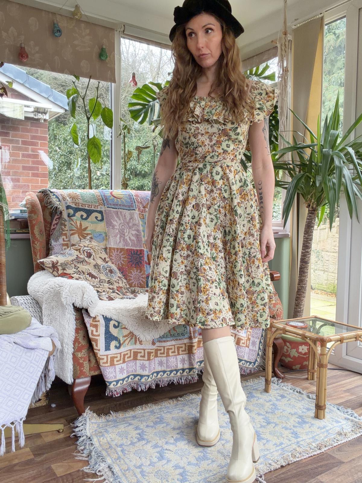Vintage Floral Summer Dress Bardot Off Shoulder Ruffle Bustier Floaty Midi 6
