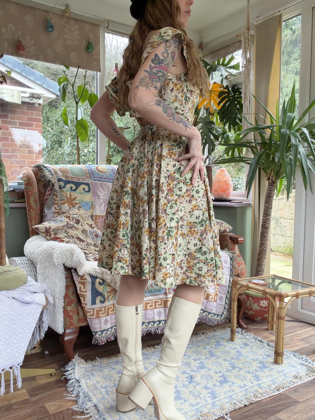 Vintage Floral Summer Dress Bardot Off Shoulder Ruffle Bustier Floaty Midi 6