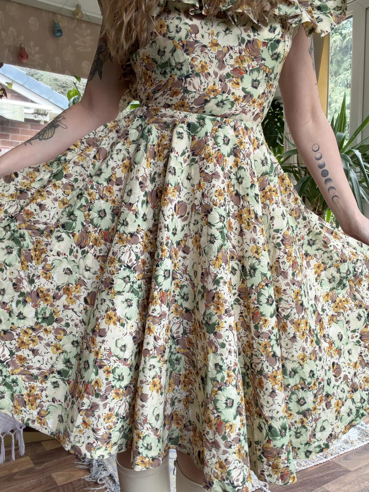 Vintage Floral Summer Dress Bardot Off Shoulder Ruffle Bustier Floaty Midi 6