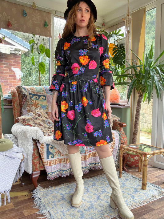 Vintage 1980s Floral Dress Flared Sleeve Assymetric Drop Waist Summer Dress 14