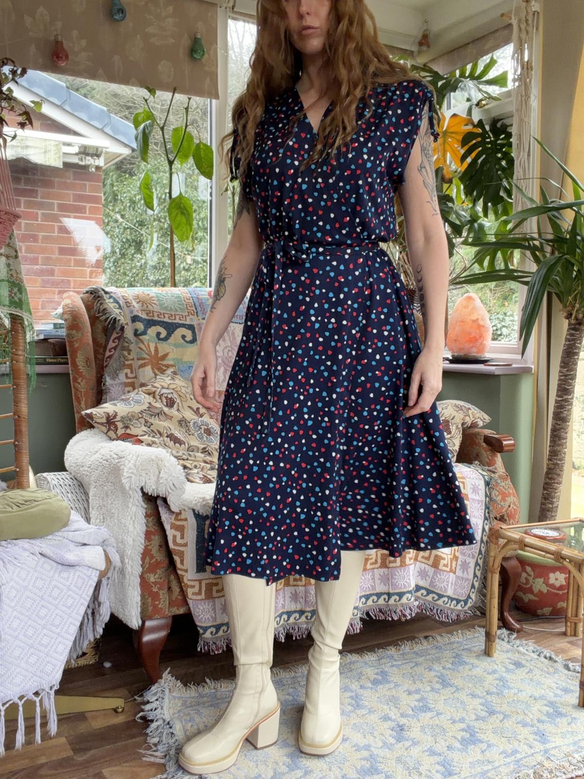 Vintage 1980s Wrap Dress Summer Polkadot Midi Dress With Short Sleeves 12 14