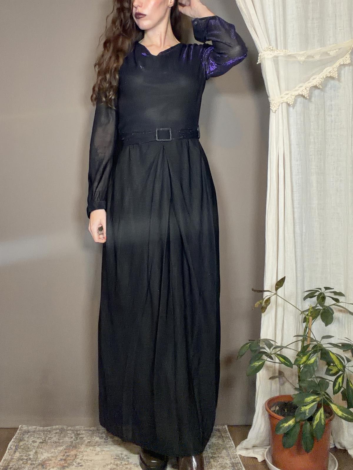 Vintage 1970s Maxi Dress Black Purple shimmer Size 12 Long Sleeve with Belt