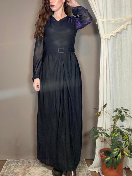 Vintage 1970s Maxi Dress Black Purple shimmer Size 12 Long Sleeve with Belt