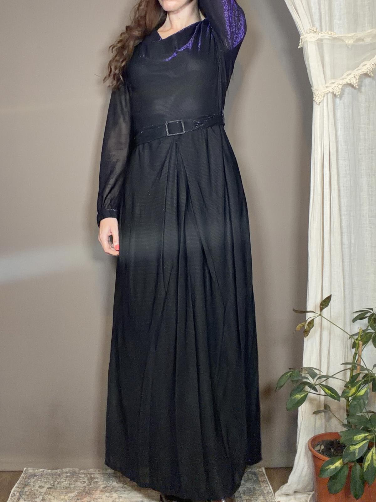 Vintage 1970s Maxi Dress Black Purple shimmer Size 12 Long Sleeve with Belt