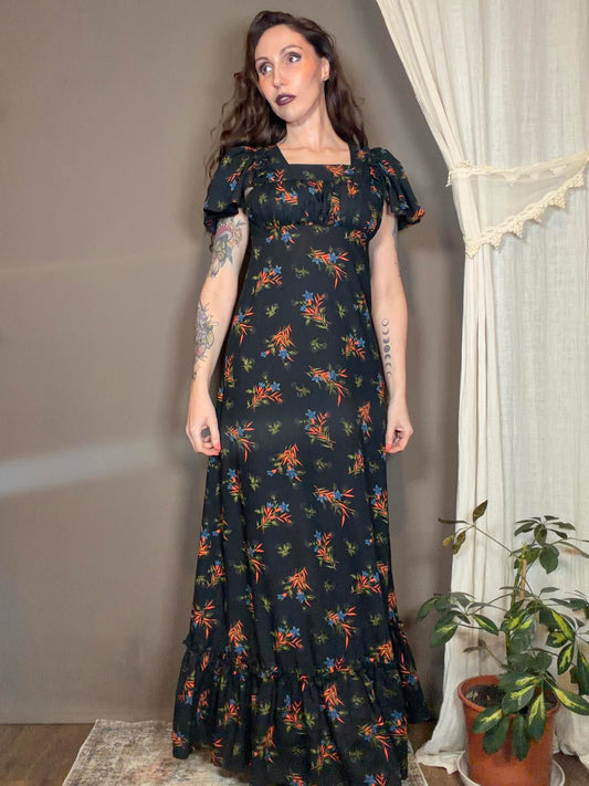 Vintage 1970s Black Floral Maxi Dress with Puff Sleeves and Ruffle Hem Size 10