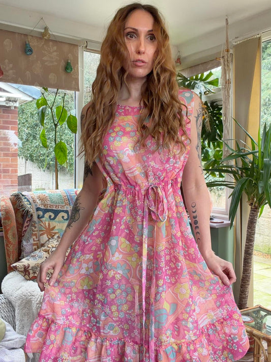 Vintage 1960s babydoll dress size 10 12 sheer Pink Floral paisley summer Dress