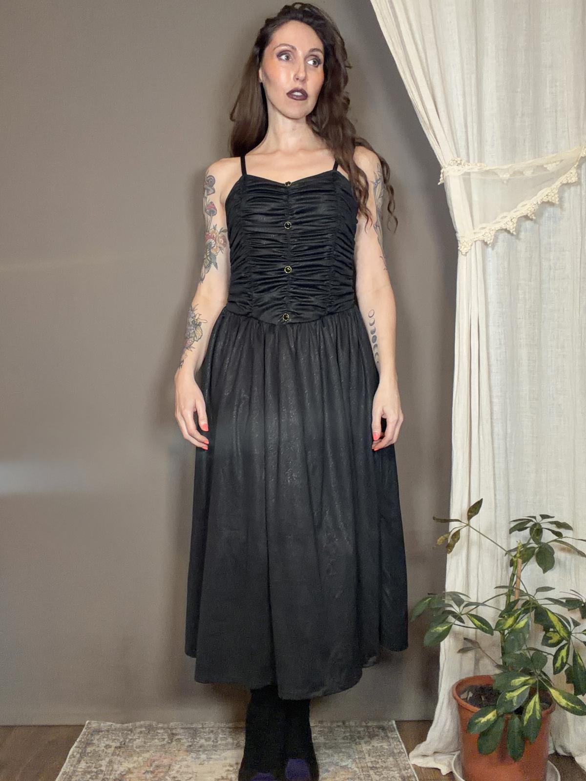 Vintage 1980s Party Dress Black Ruched Bodice Midi Dress with Button Size 14