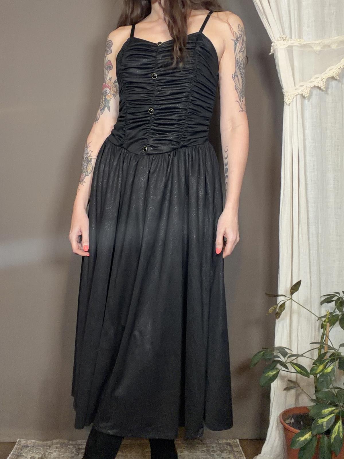 Vintage 1980s Party Dress Black Ruched Bodice Midi Dress with Button Size 14