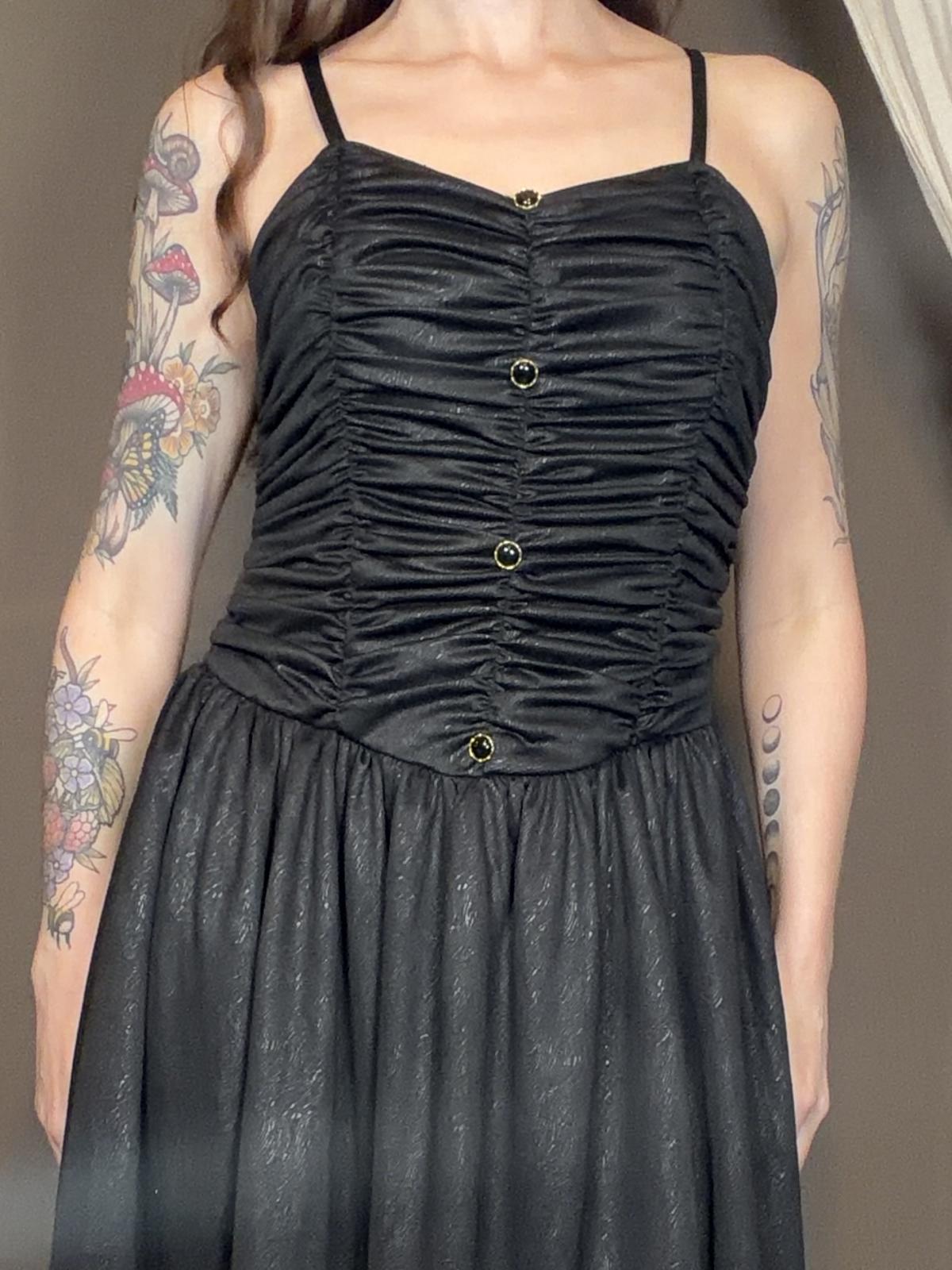 Vintage 1980s Party Dress Black Ruched Bodice Midi Dress with Button Size 14