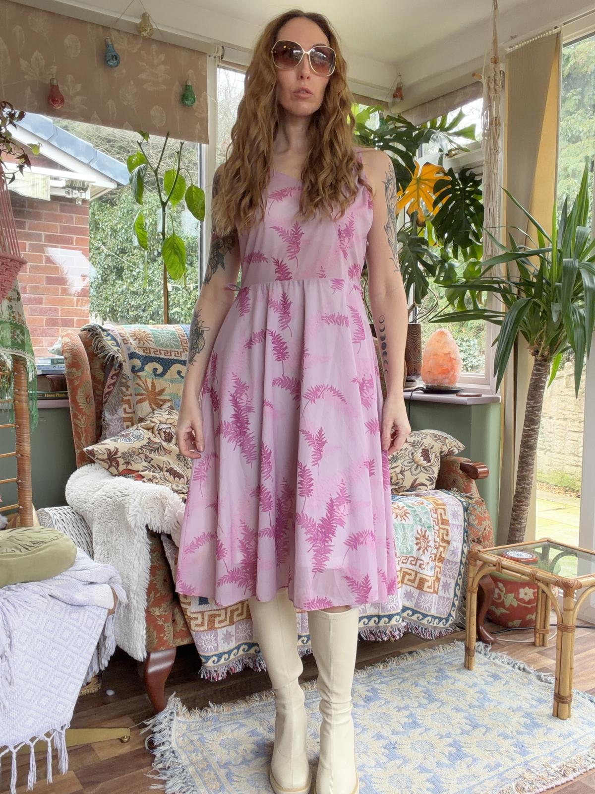 Vintage 1970s Summer Dress Sheer Bustier Sleeveless Pink Midi Dress Size 14