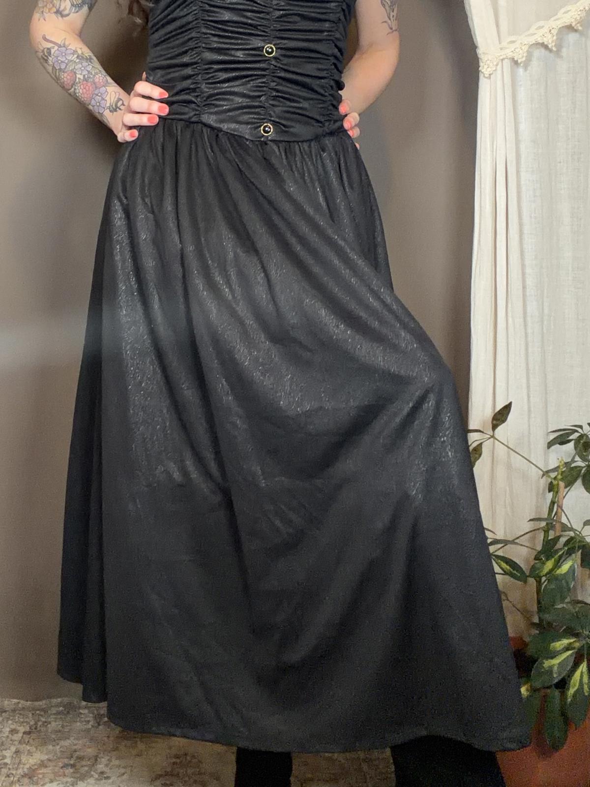 Vintage 1980s Party Dress Black Ruched Bodice Midi Dress with Button Size 14