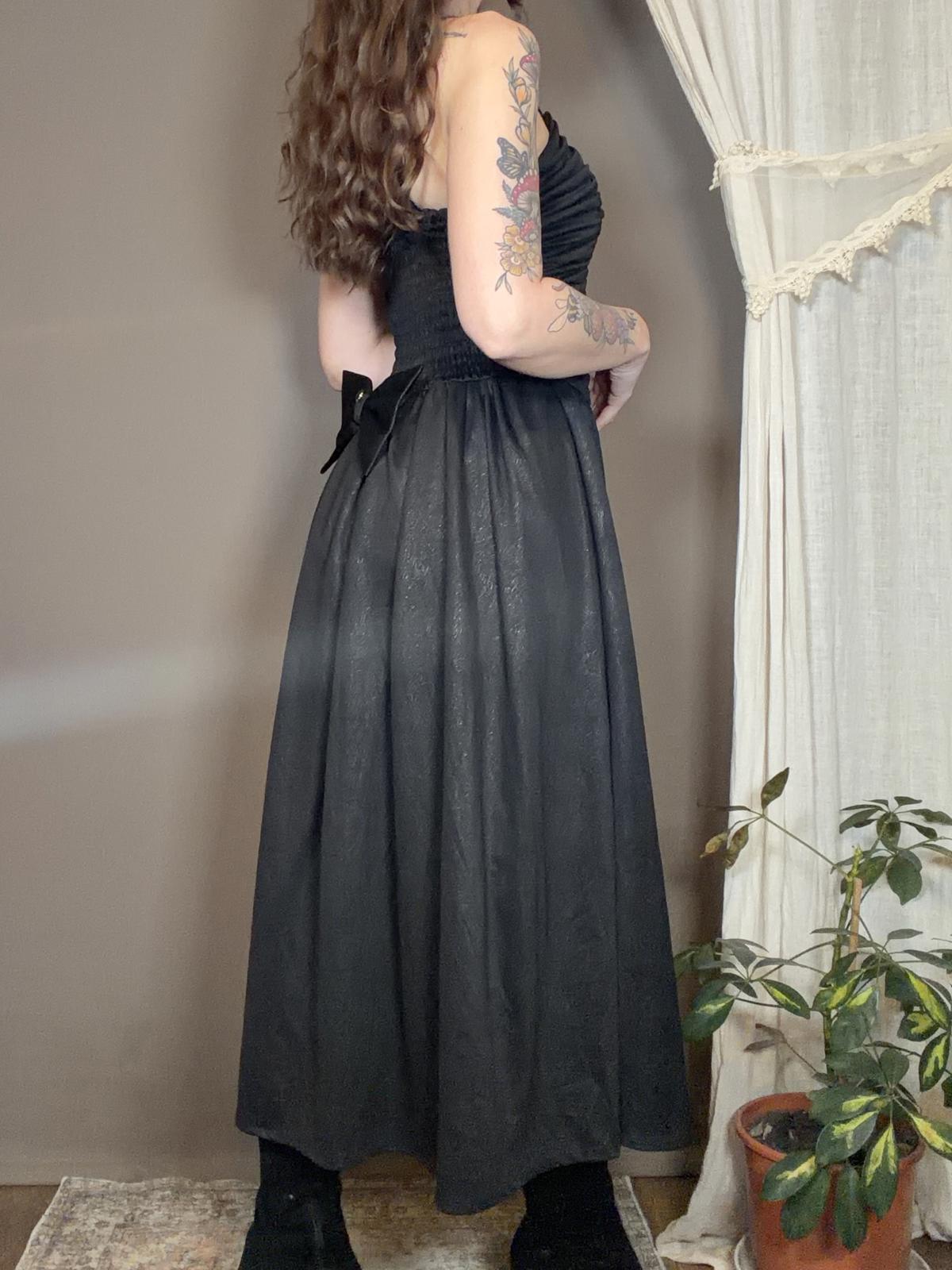 Vintage 1980s Party Dress Black Ruched Bodice Midi Dress with Button Size 14