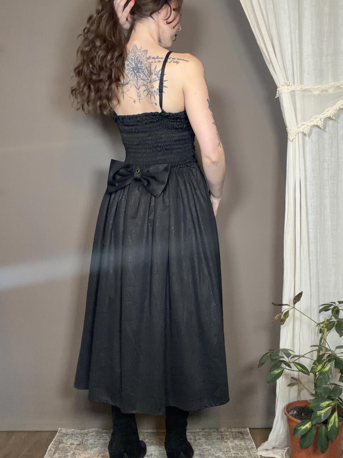 Vintage 1980s Party Dress Black Ruched Bodice Midi Dress with Button Size 14