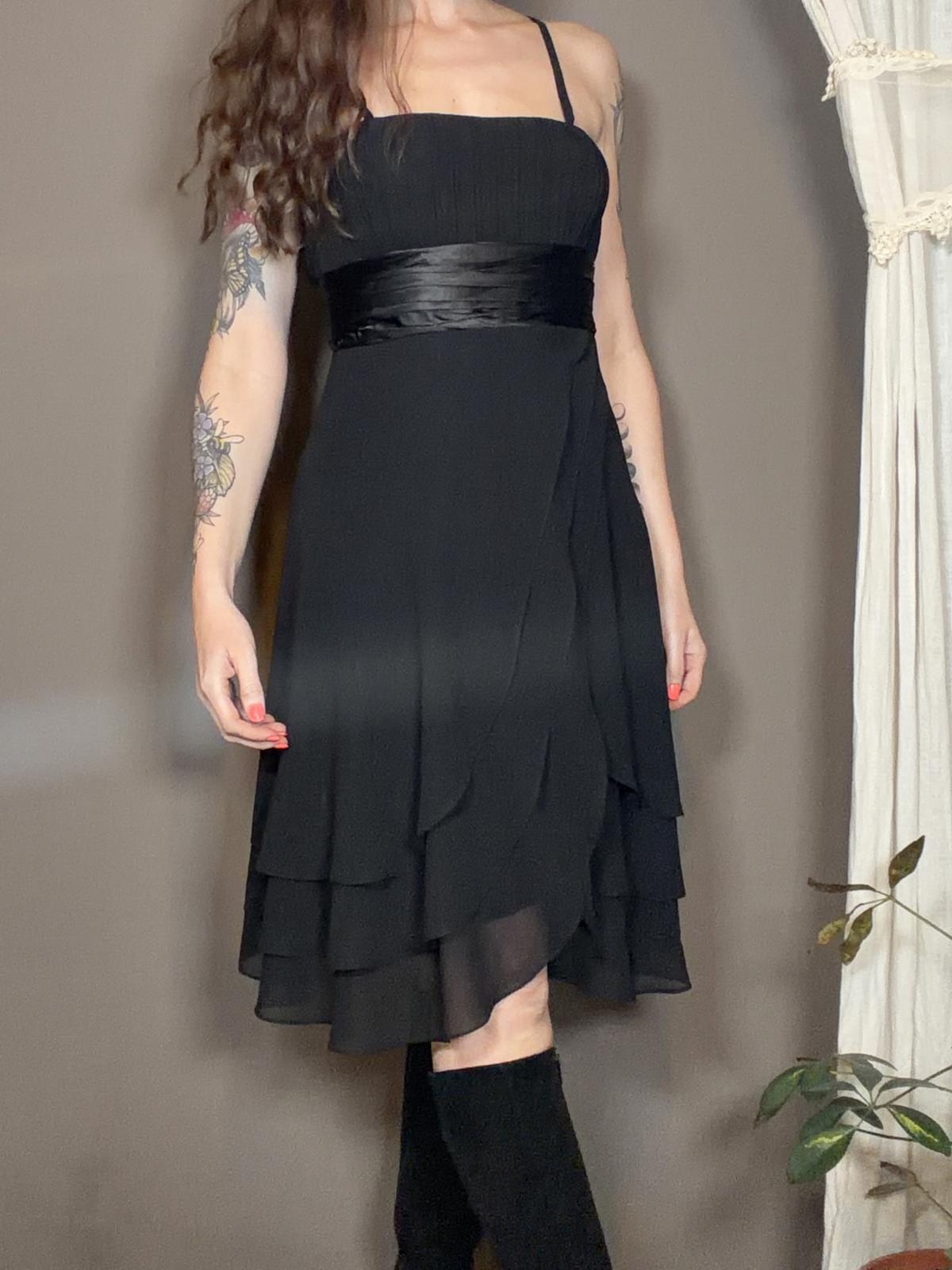 Vintage 1990s Whimsigoth Dress Black Layered Midi with Satin Waistband Size 10
