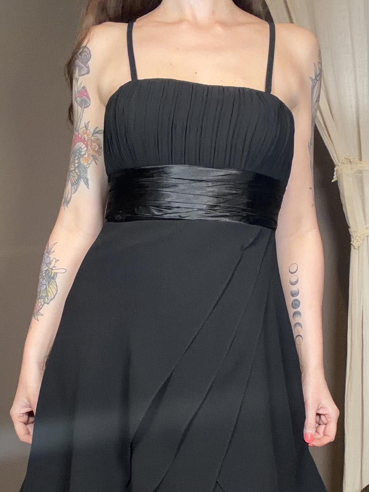 Vintage 1990s Whimsigoth Dress Black Layered Midi with Satin Waistband Size 10