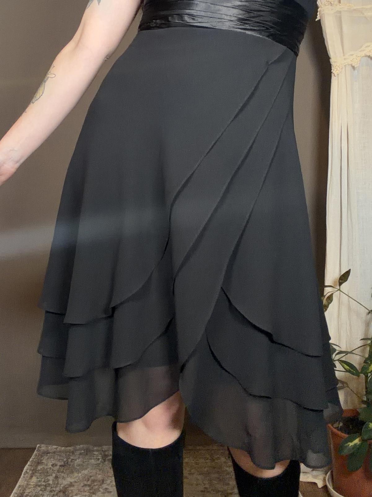 Vintage 1990s Whimsigoth Dress Black Layered Midi with Satin Waistband Size 10