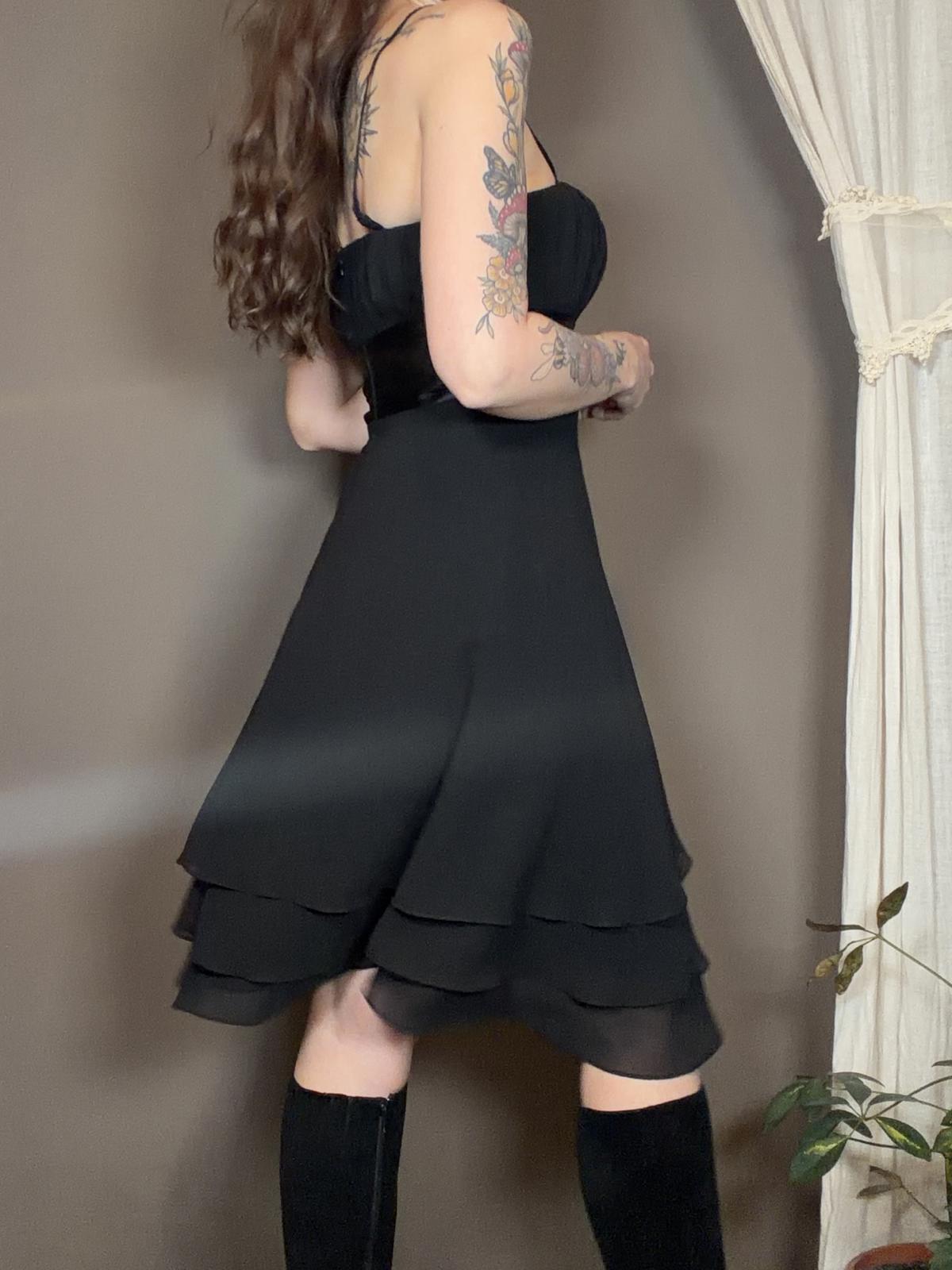 Vintage 1990s Whimsigoth Dress Black Layered Midi with Satin Waistband Size 10