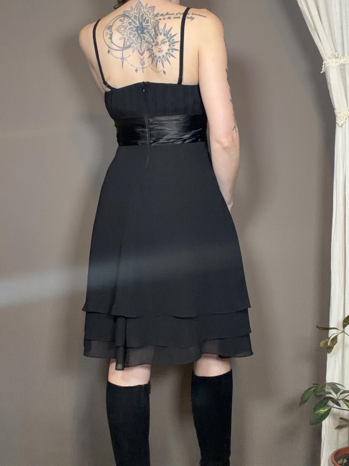 Vintage 1990s Whimsigoth Dress Black Layered Midi with Satin Waistband Size 10