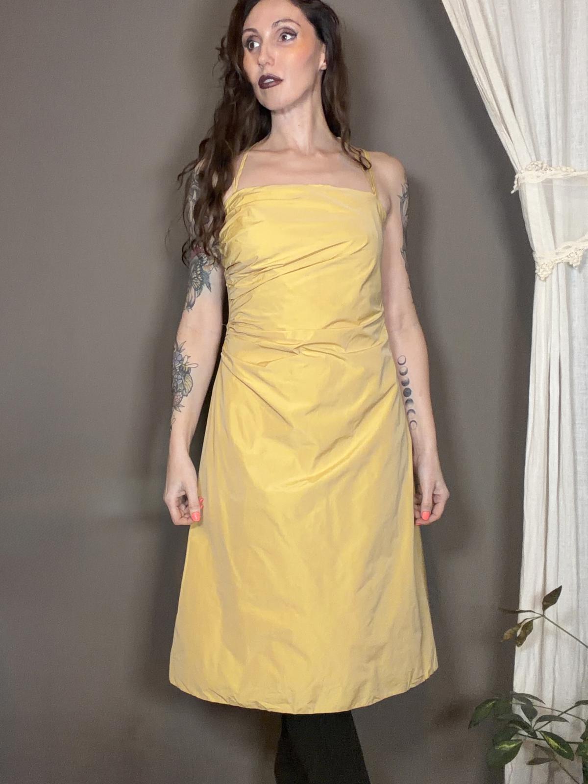 Yellow Sleeveless Midi Dress Size 8 with Ruched Detail strappy backless design