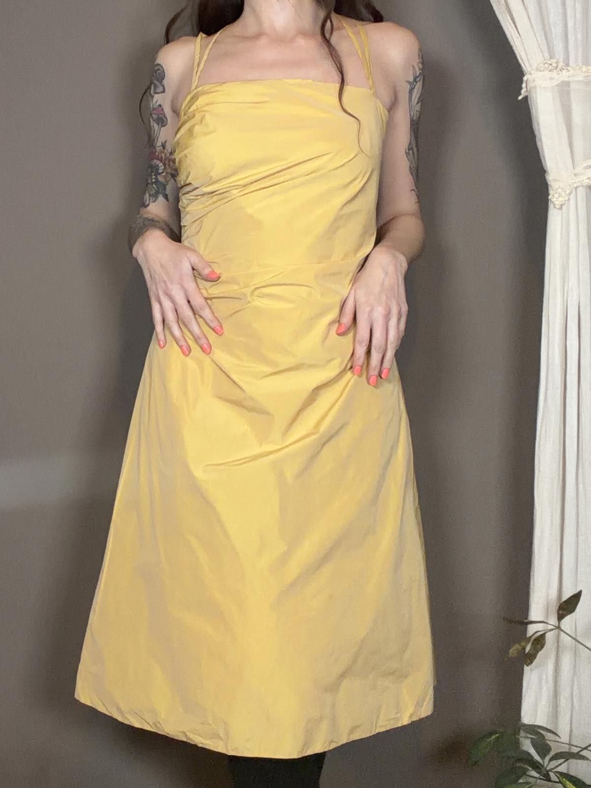 Yellow Sleeveless Midi Dress Size 8 with Ruched Detail strappy backless design