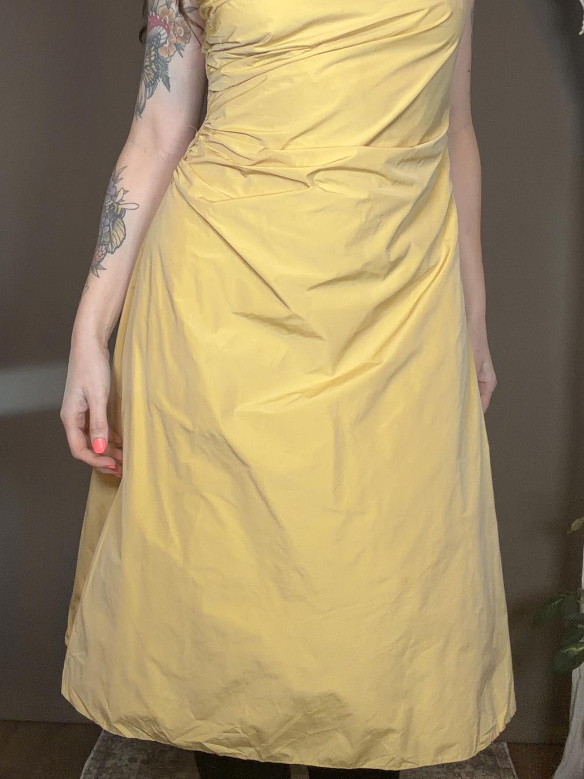 Yellow Sleeveless Midi Dress Size 8 with Ruched Detail strappy backless design