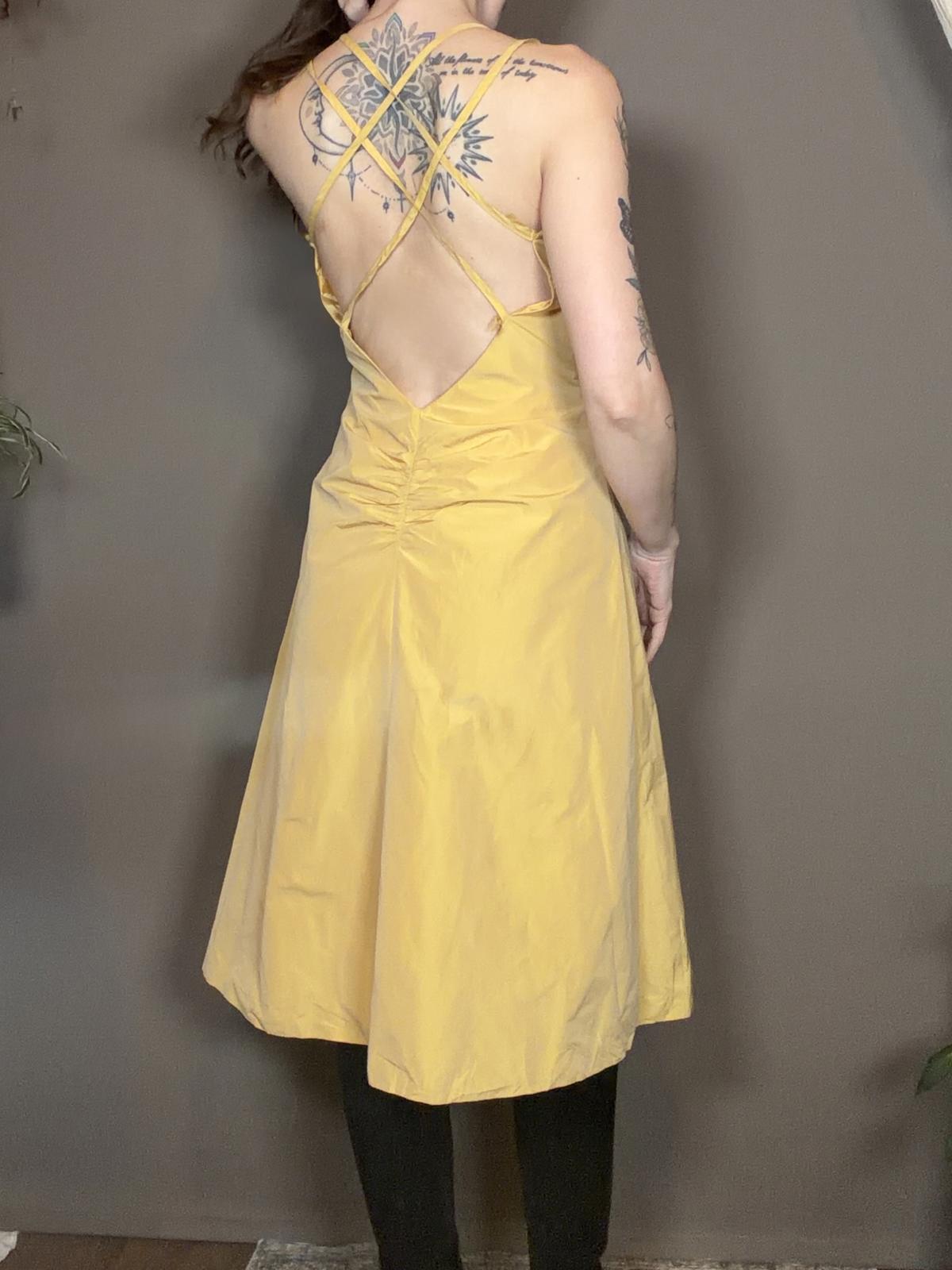 Yellow Sleeveless Midi Dress Size 8 with Ruched Detail strappy backless design