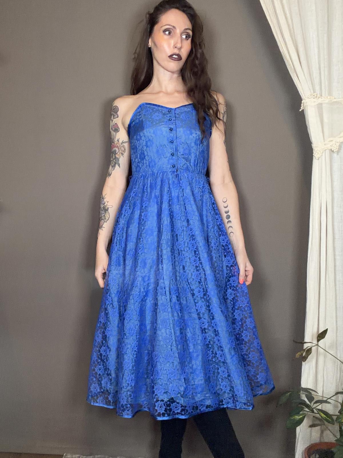 Vintage 1980s Party Dress Blue Strapless Lace Midi Dress with Buttons Size 6 8
