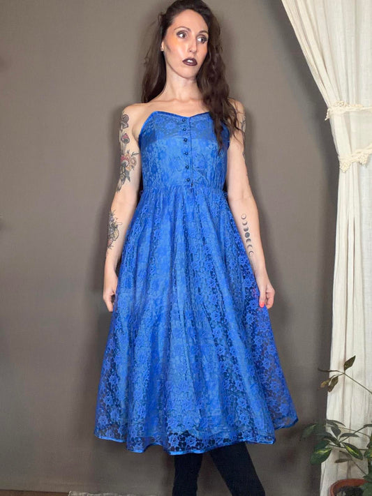 Vintage 1980s Party Dress Blue Strapless Lace Midi Dress with Buttons Size 6 8