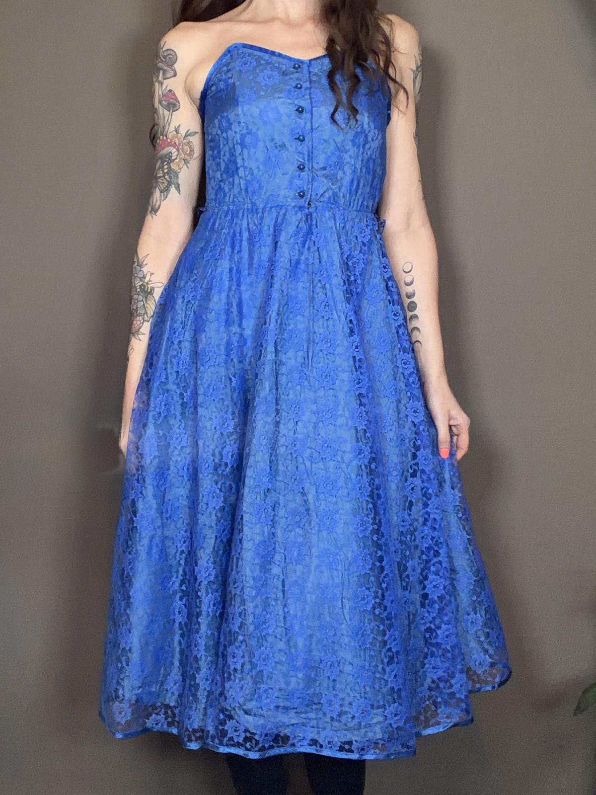 Vintage 1980s Party Dress Blue Strapless Lace Midi Dress with Buttons Size 6 8
