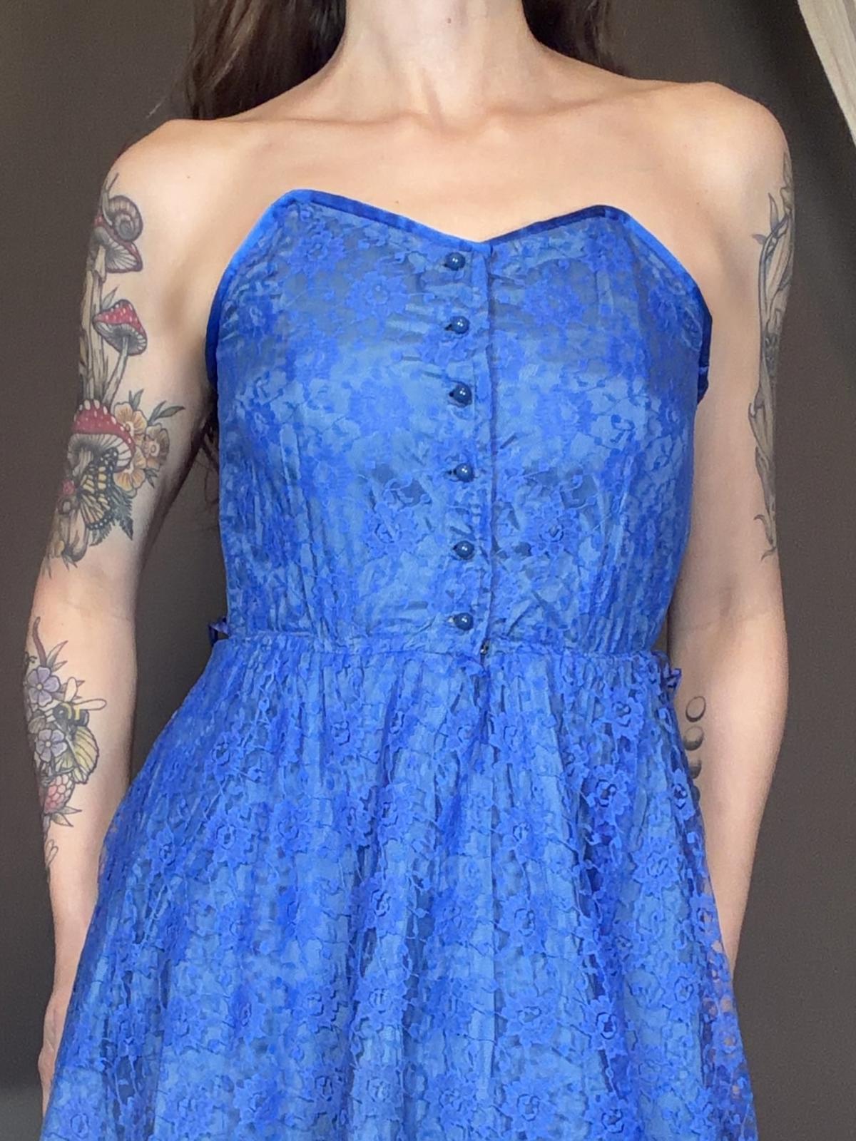 Vintage 1980s Party Dress Blue Strapless Lace Midi Dress with Buttons Size 6 8