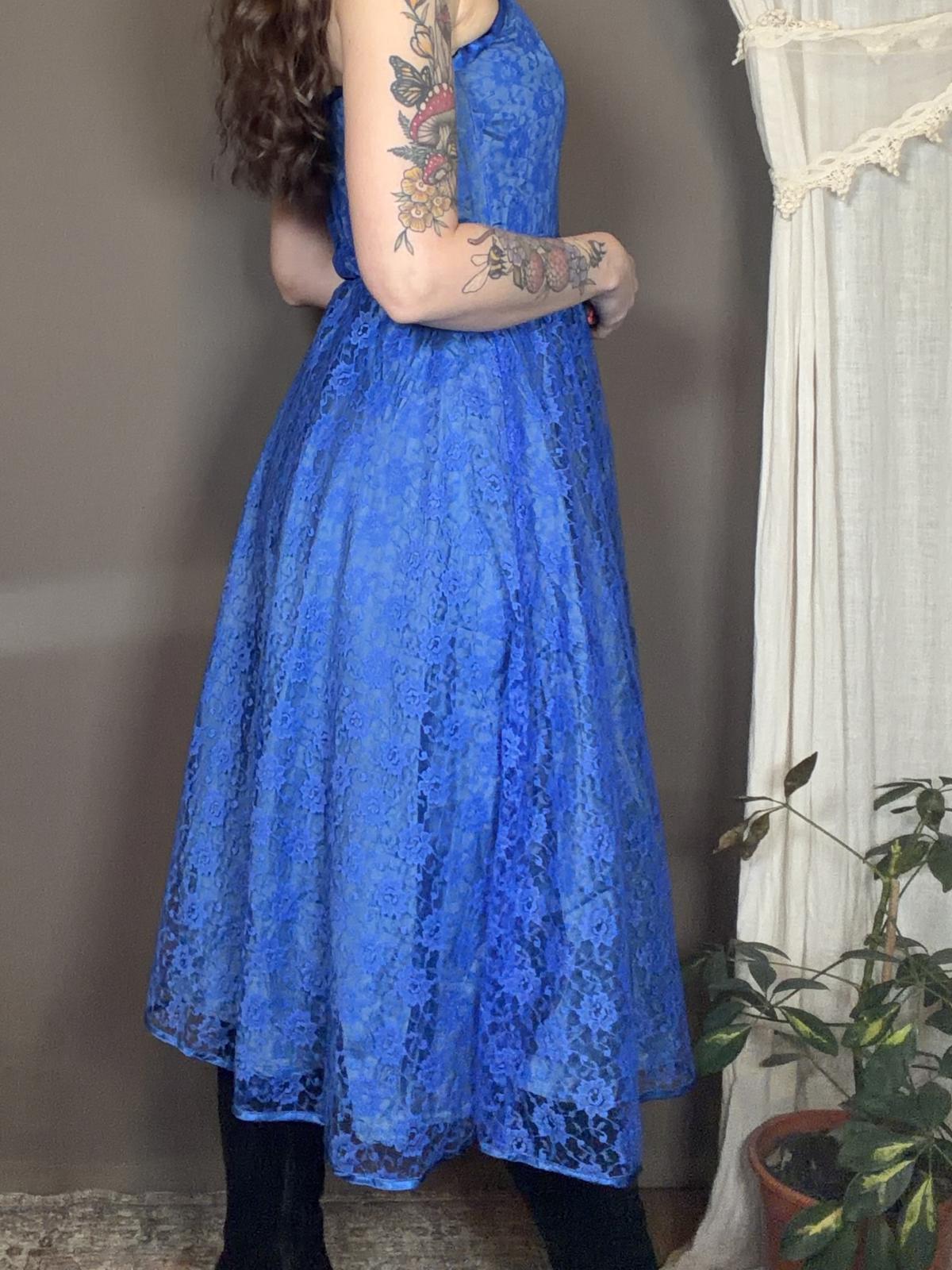 Vintage 1980s Party Dress Blue Strapless Lace Midi Dress with Buttons Size 6 8