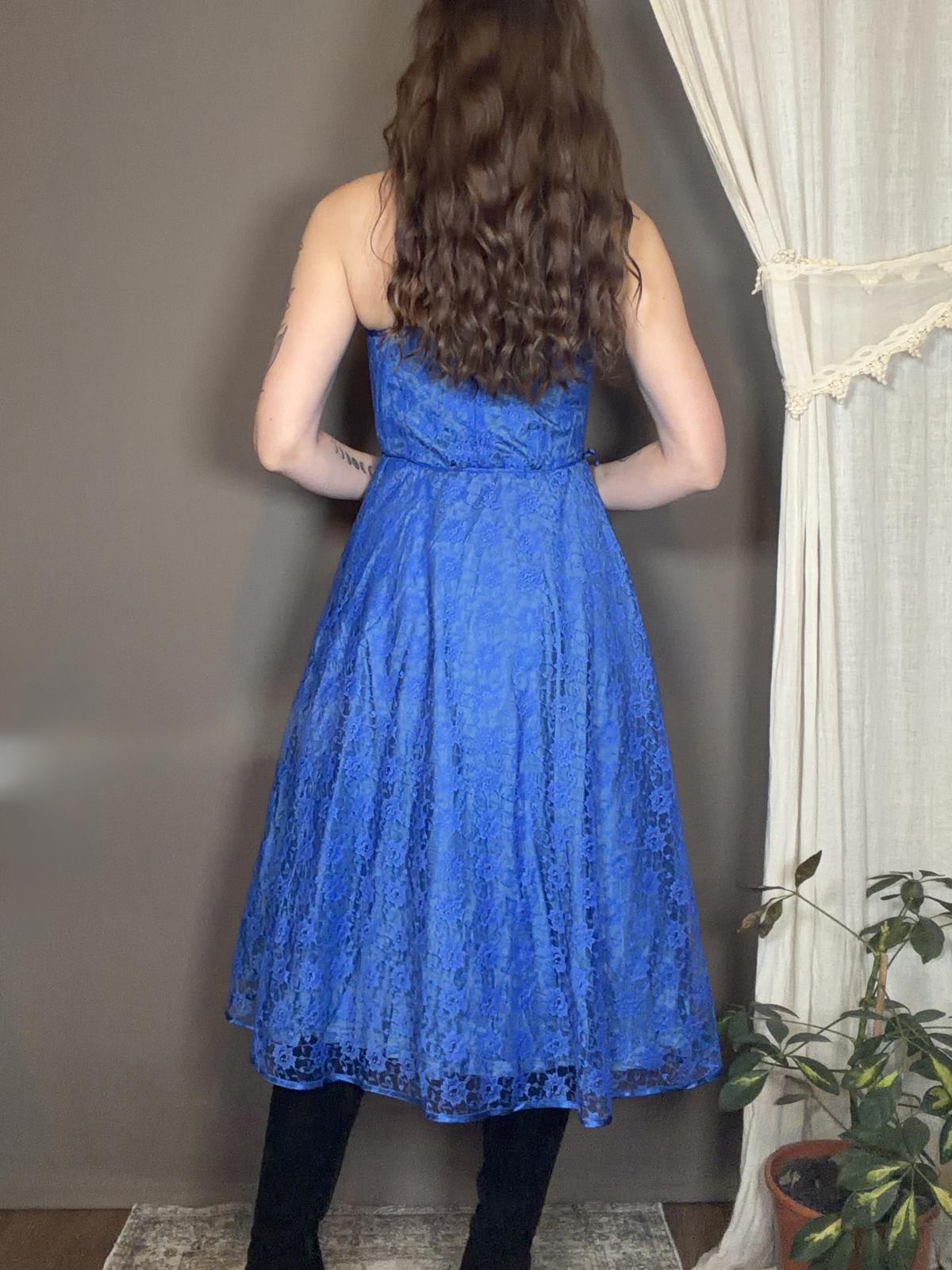Vintage 1980s Party Dress Blue Strapless Lace Midi Dress with Buttons Size 6 8