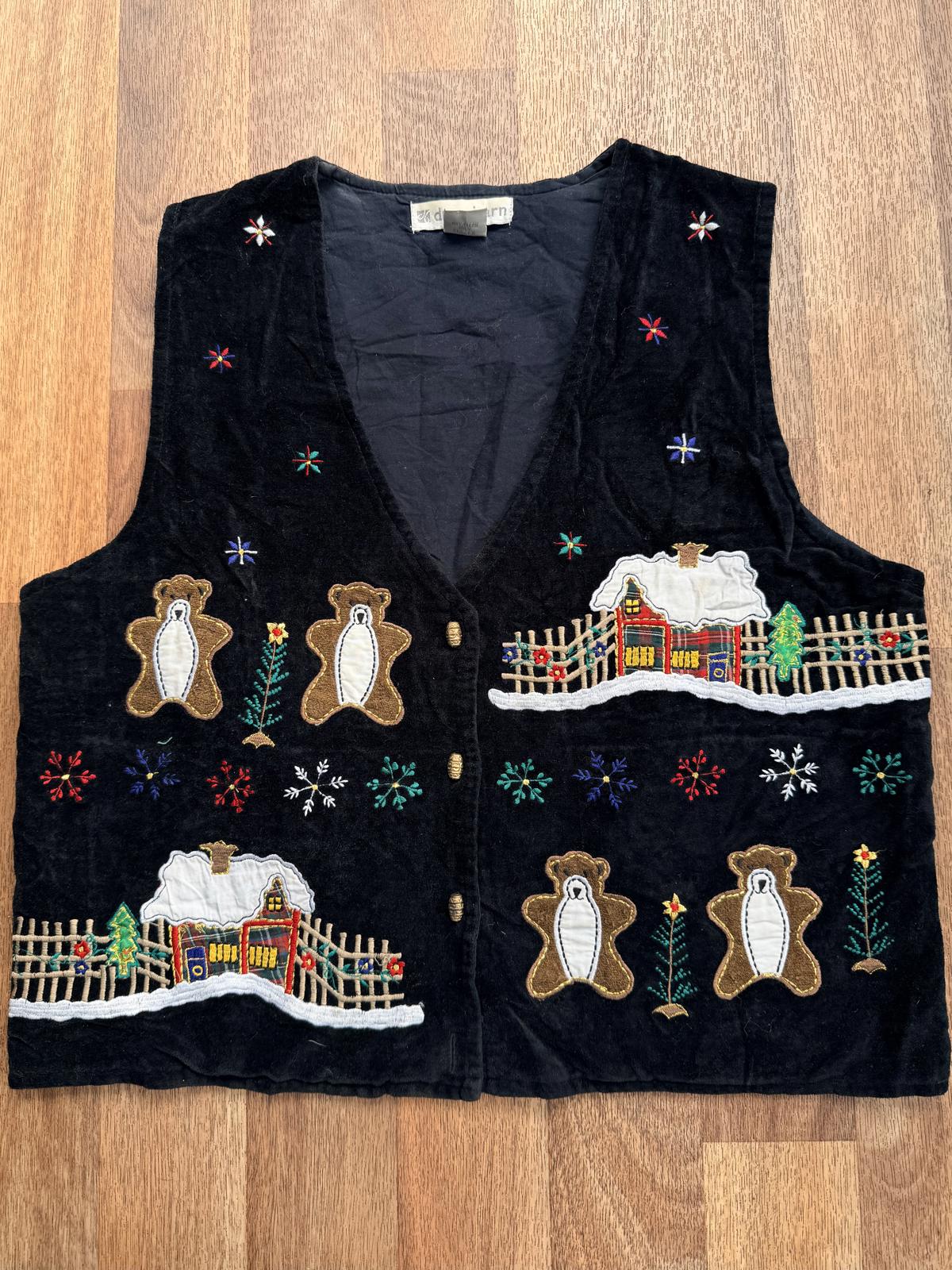 Black Velvet Waistcoat Festive Embroidered Vest with Bears Size 14 100% cotton