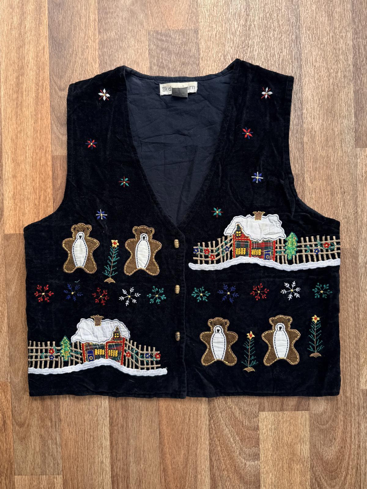 Black Velvet Waistcoat Festive Embroidered Vest with Bears Size 14 100% cotton