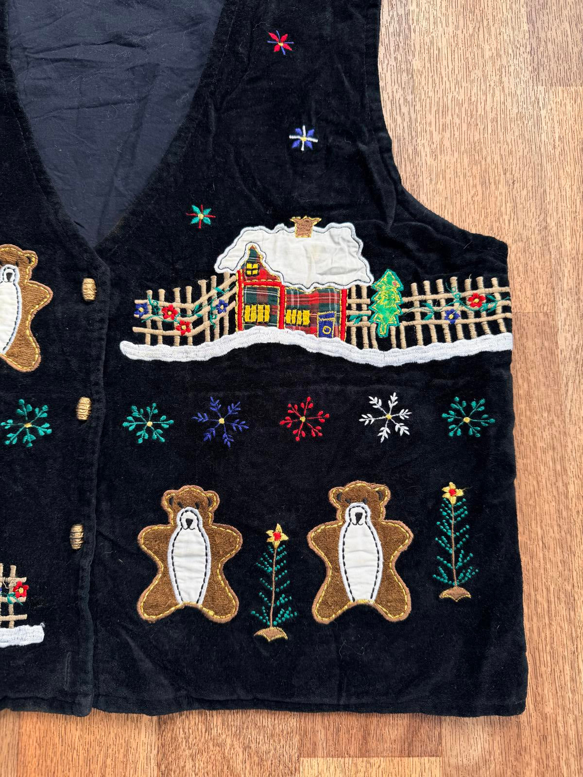 Black Velvet Waistcoat Festive Embroidered Vest with Bears Size 14 100% cotton