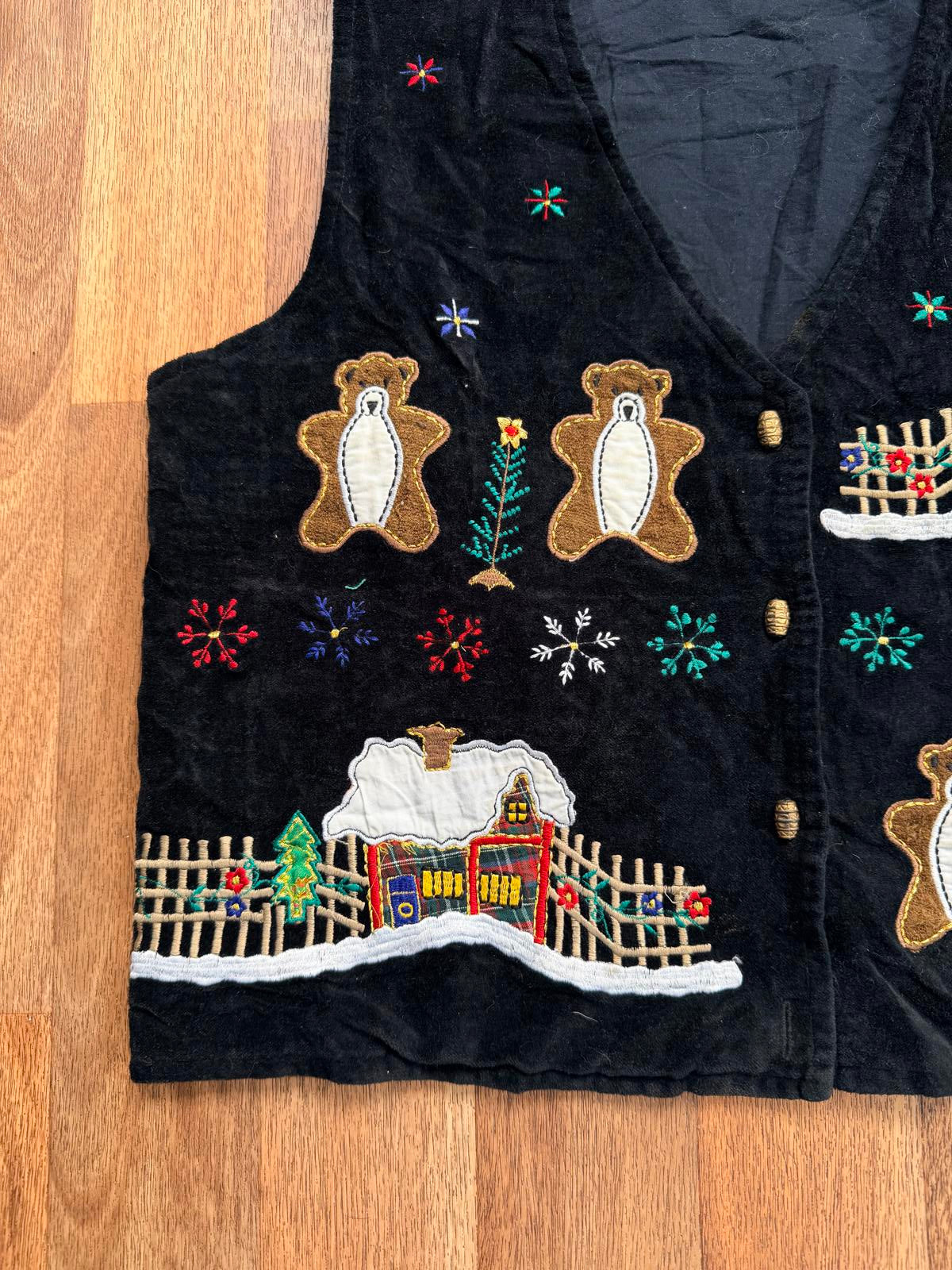 Black Velvet Waistcoat Festive Embroidered Vest with Bears Size 14 100% cotton