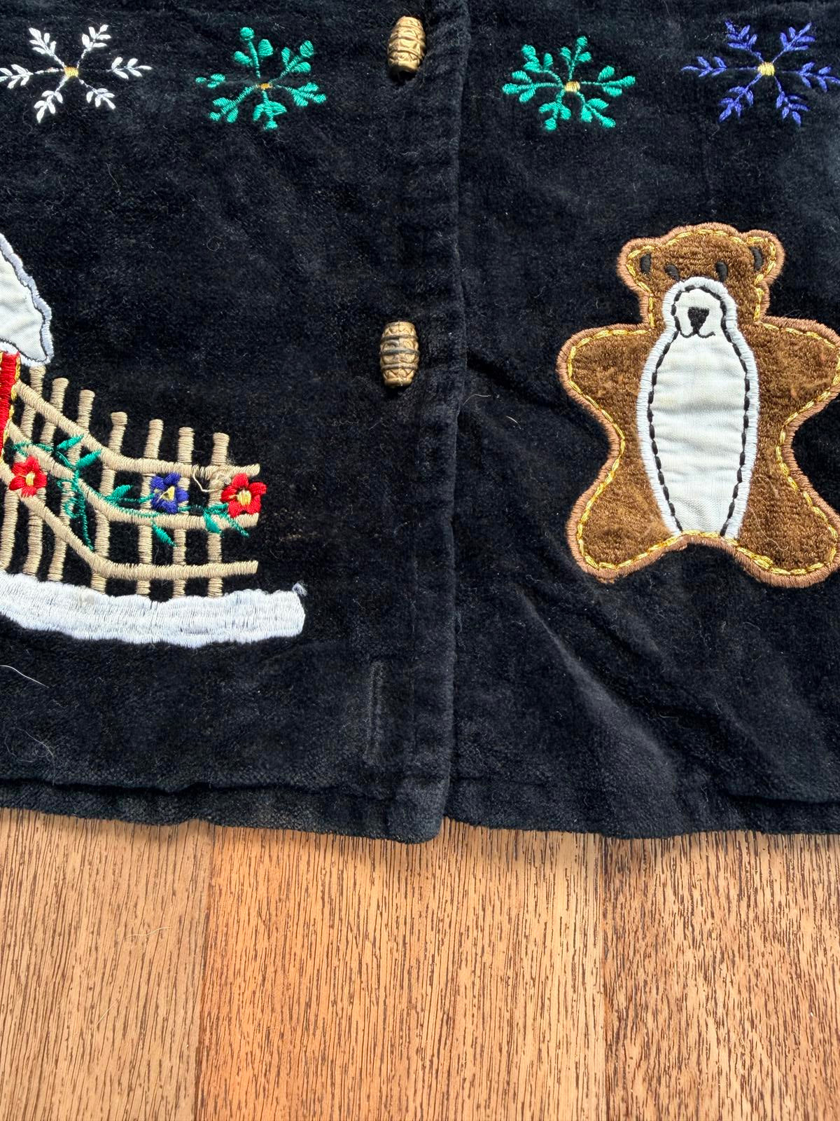 Black Velvet Waistcoat Festive Embroidered Vest with Bears Size 14 100% cotton