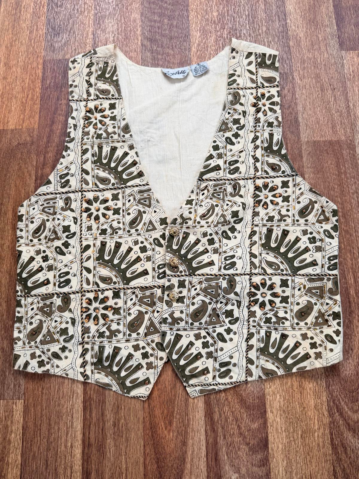 Vintage 1990s Beaded Waistcoat Patterned 100% Cotton Sleeveless Tank Top Size 12