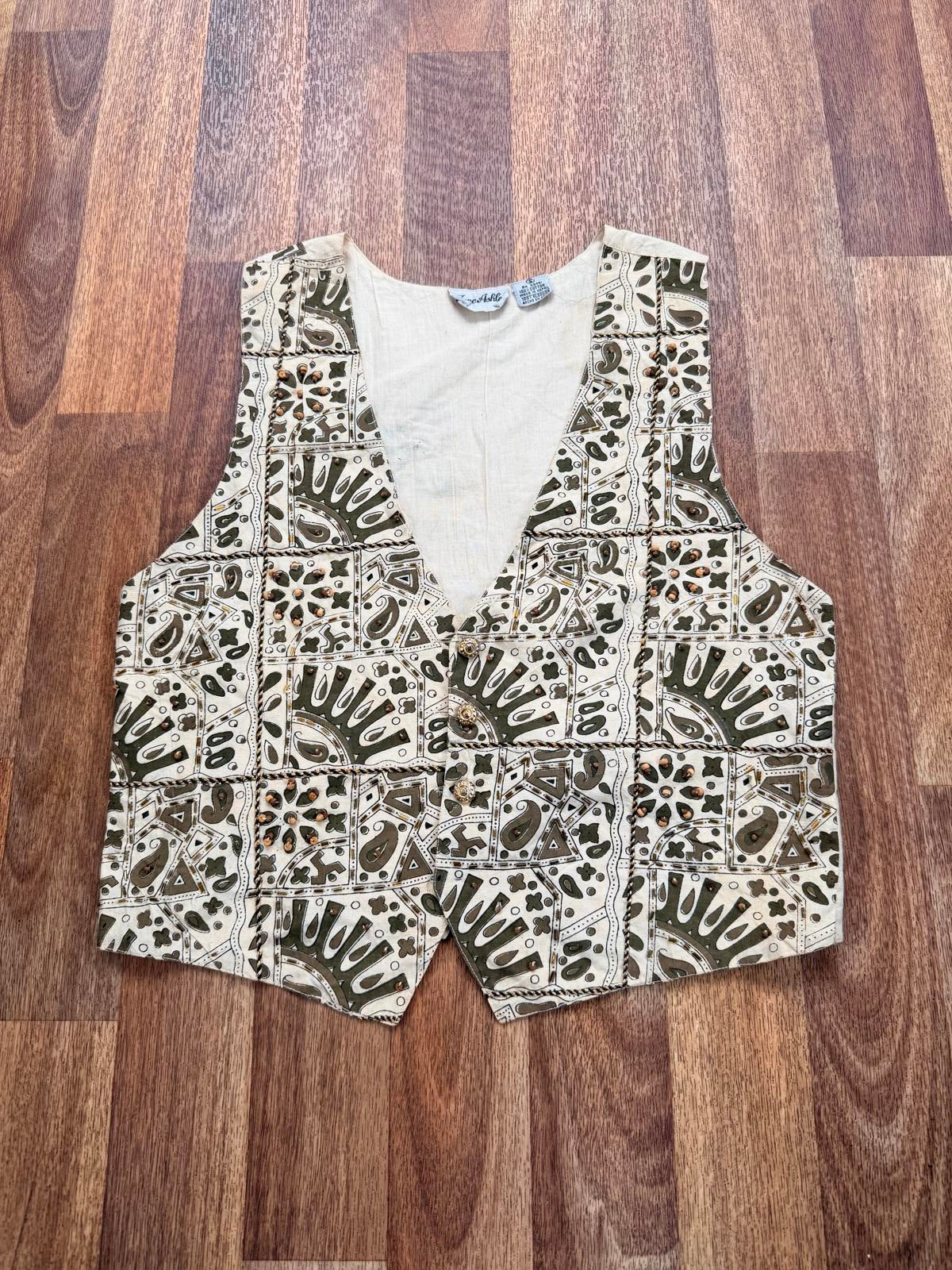 Vintage 1990s Beaded Waistcoat Patterned 100% Cotton Sleeveless Tank Top Size 12