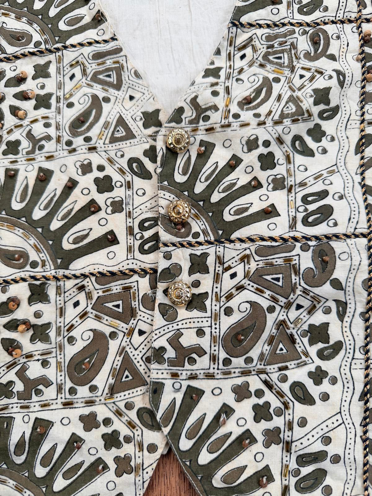 Vintage 1990s Beaded Waistcoat Patterned 100% Cotton Sleeveless Tank Top Size 12