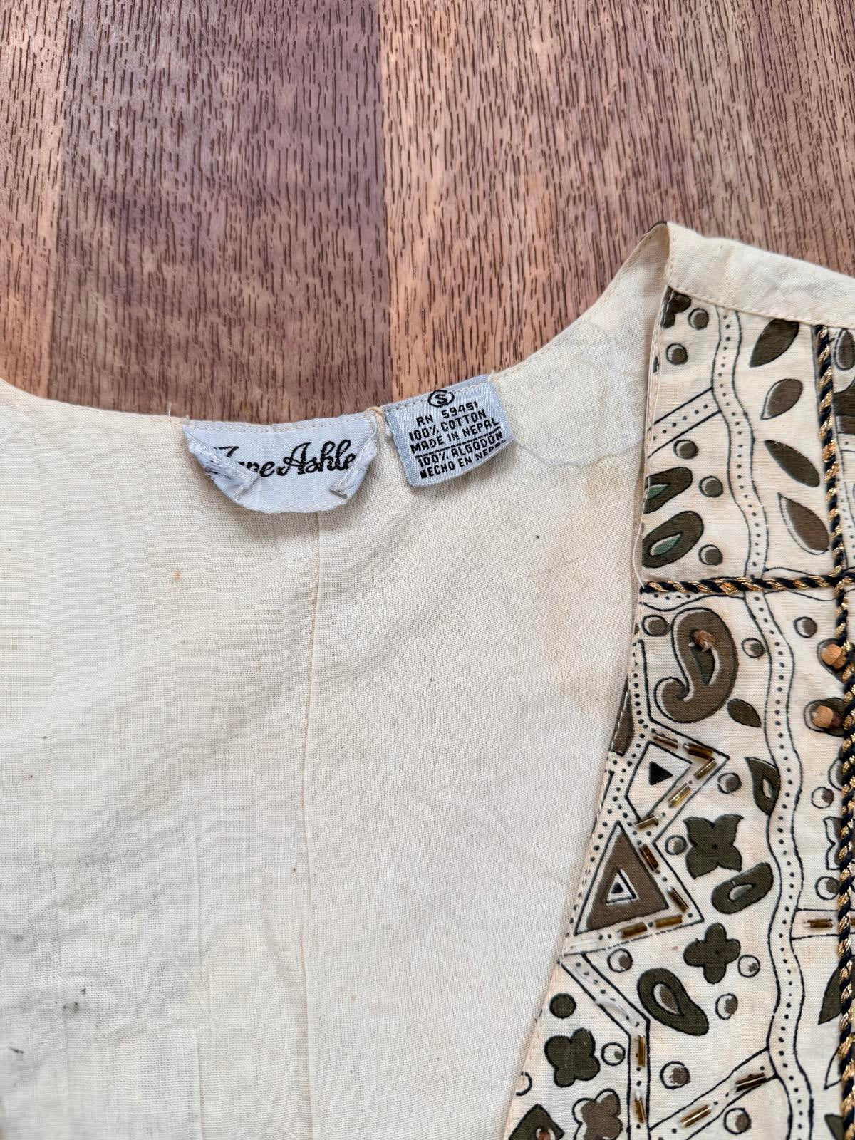 Vintage 1990s Beaded Waistcoat Patterned 100% Cotton Sleeveless Tank Top Size 12