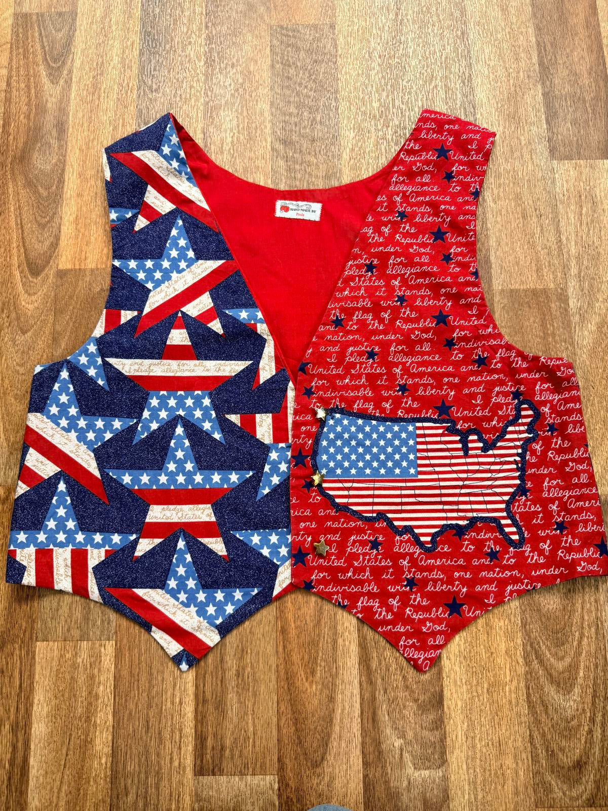 Handmade Waistcoat USA American Themed Vest with Star and Flag Design Size L