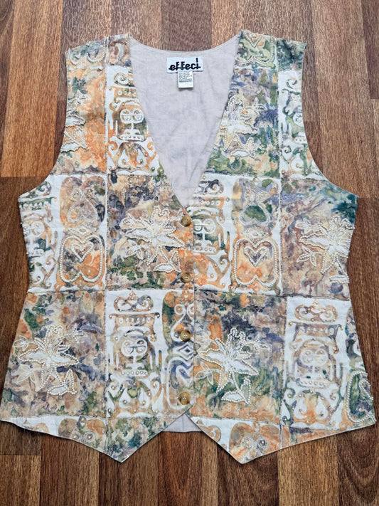 Vintage 1990s Beaded Waistcoat Retro 90s Pattern Cottagecore Vest 100% Cotton M