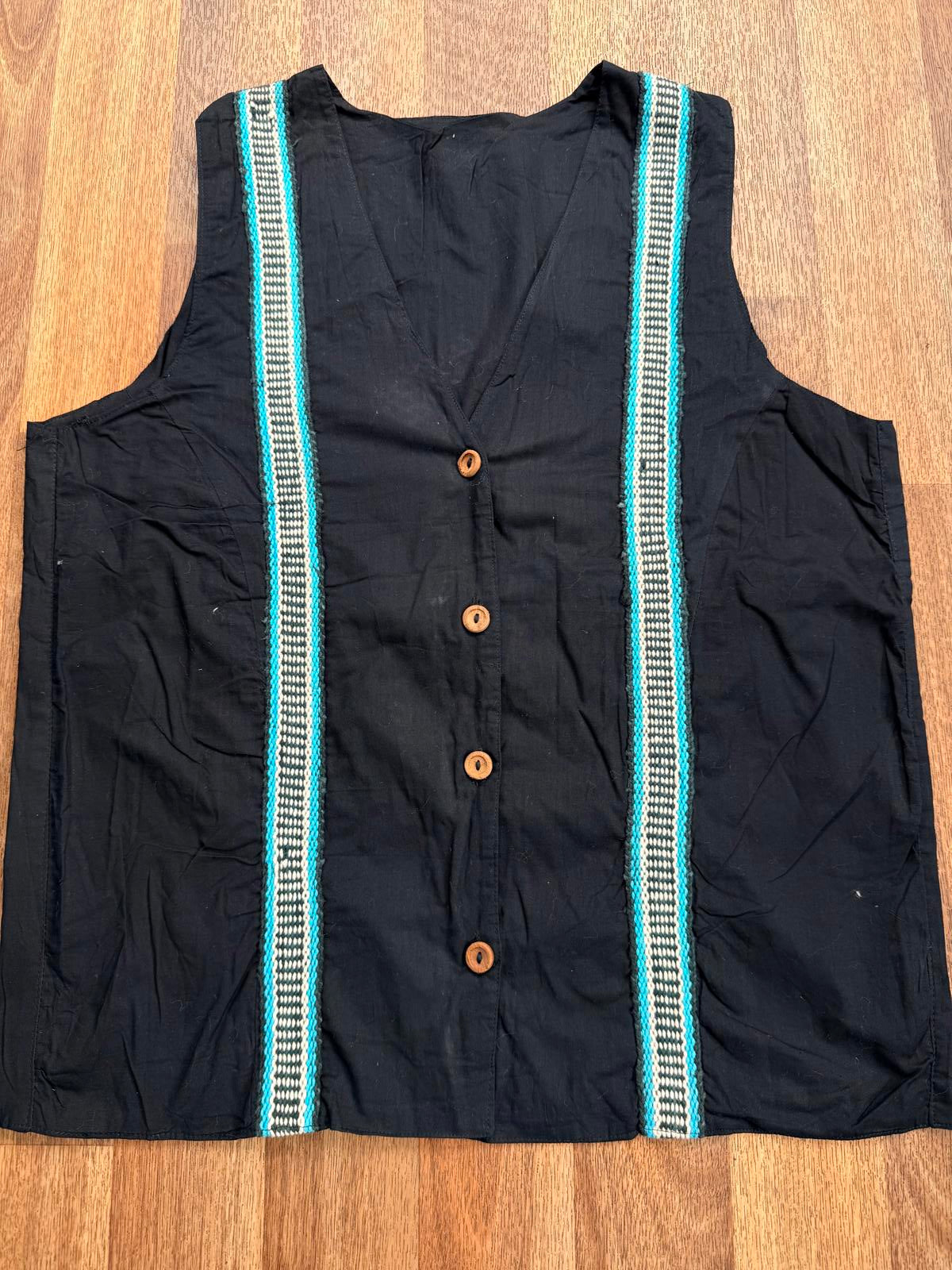 Vintage Hippie Boho Waistcoat Black Sleeveless Vest Embroidered Trim 14 to 16