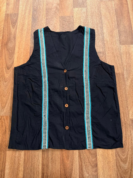 Vintage Hippie Boho Waistcoat Black Sleeveless Vest Embroidered Trim 14 to 16