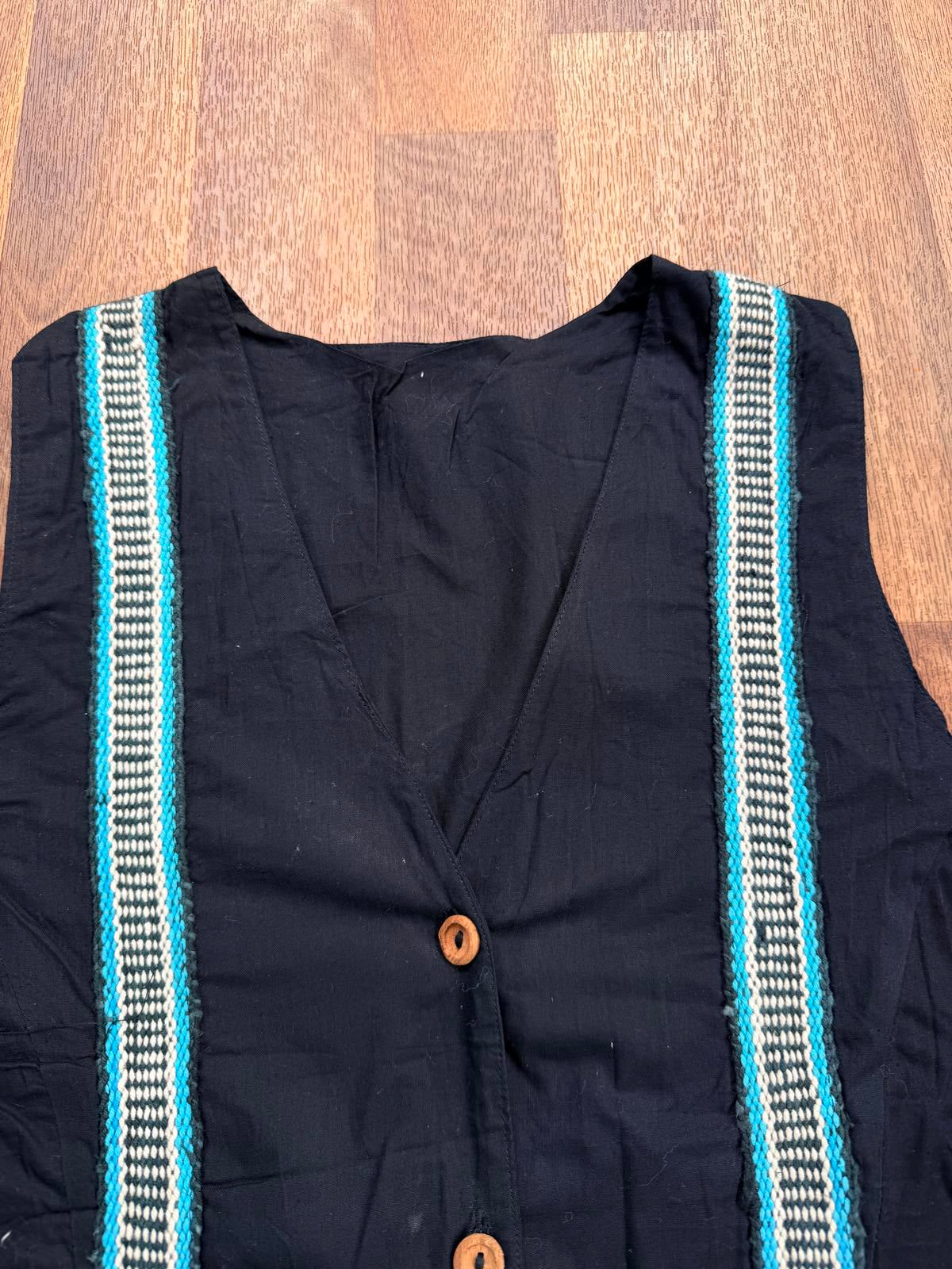 Vintage Hippie Boho Waistcoat Black Sleeveless Vest Embroidered Trim 14 to 16