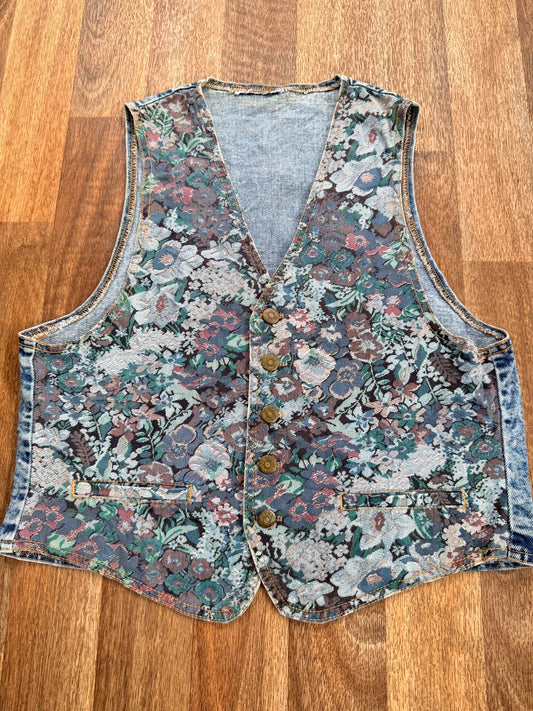 Vintage 1990s Denim Waistcoat Floral Pattern Whimsical 90s Vest Tank Top Size 12
